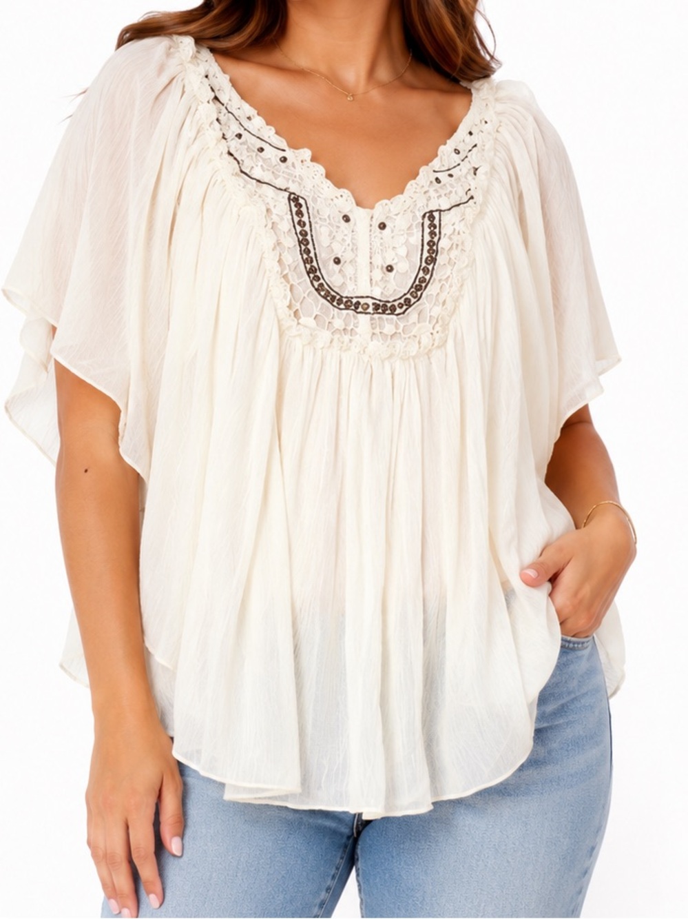 Vintage America Cream Peasant Lace Trim Blouse
